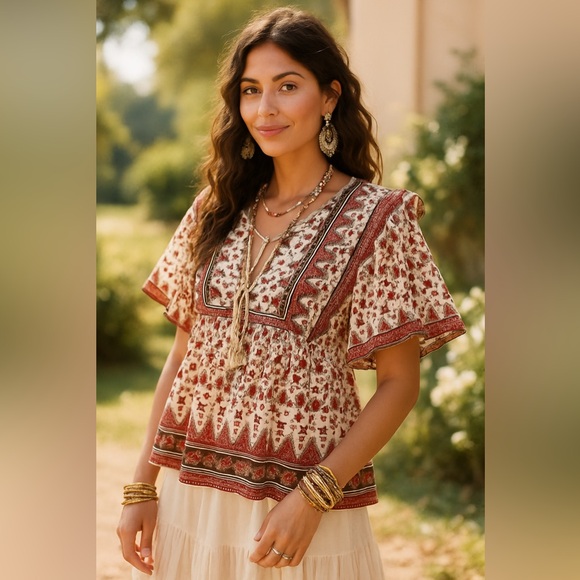 NWT,Calypso St Barth,Quilted Bib-Front Boho Folk Print Cotton Blouse,Size M - Picture 2 of 15